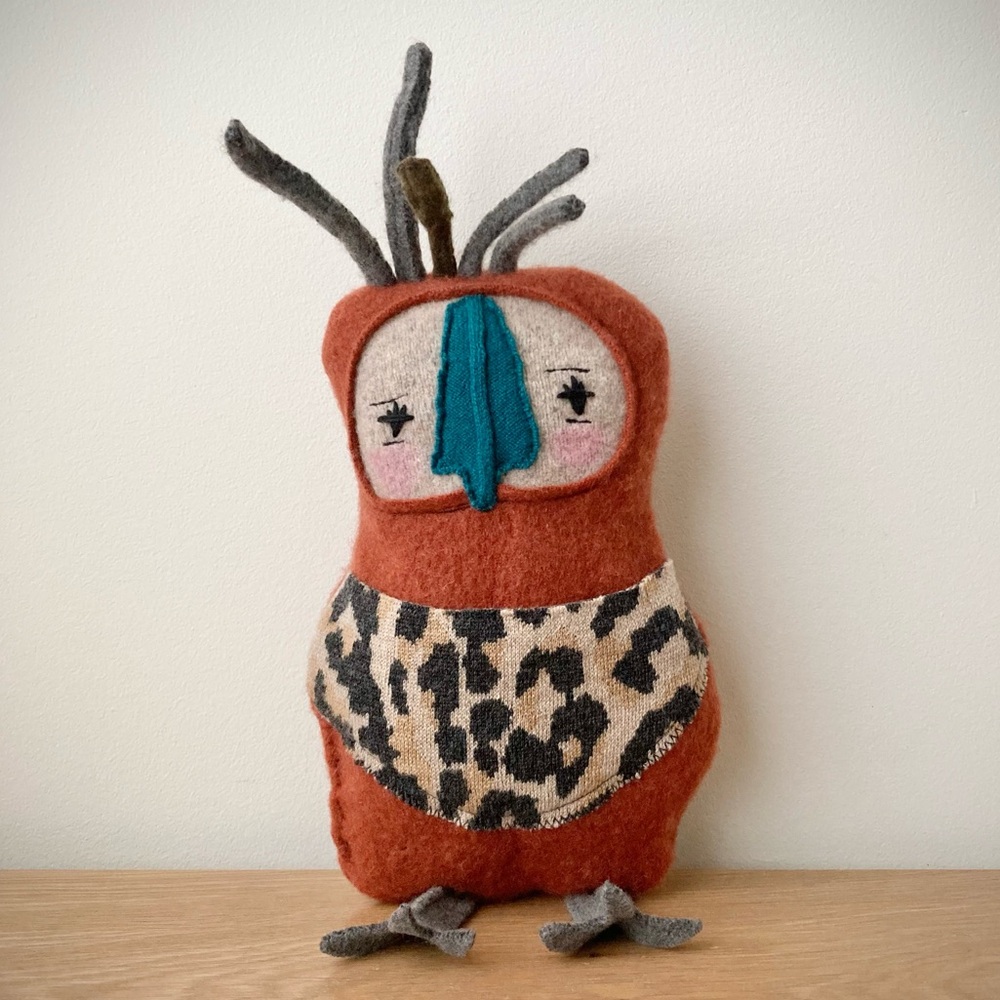 joodito rust orange bird reclaimed wool handmade pillow folk art doll leopard